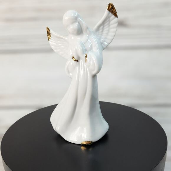 White Porcelain Angel Gold Accents Holiday Décor Figurine - Picture 1 of 7